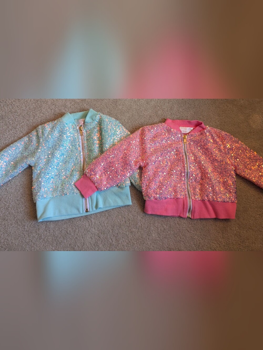 TWO Mila & Rose sequin zip-up bomber jackets (pink and sky blue) 2T